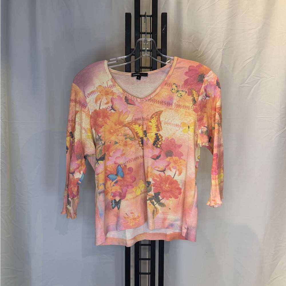 ONE WORLD‎ Pink and Orange Floral Long Sleeve Top